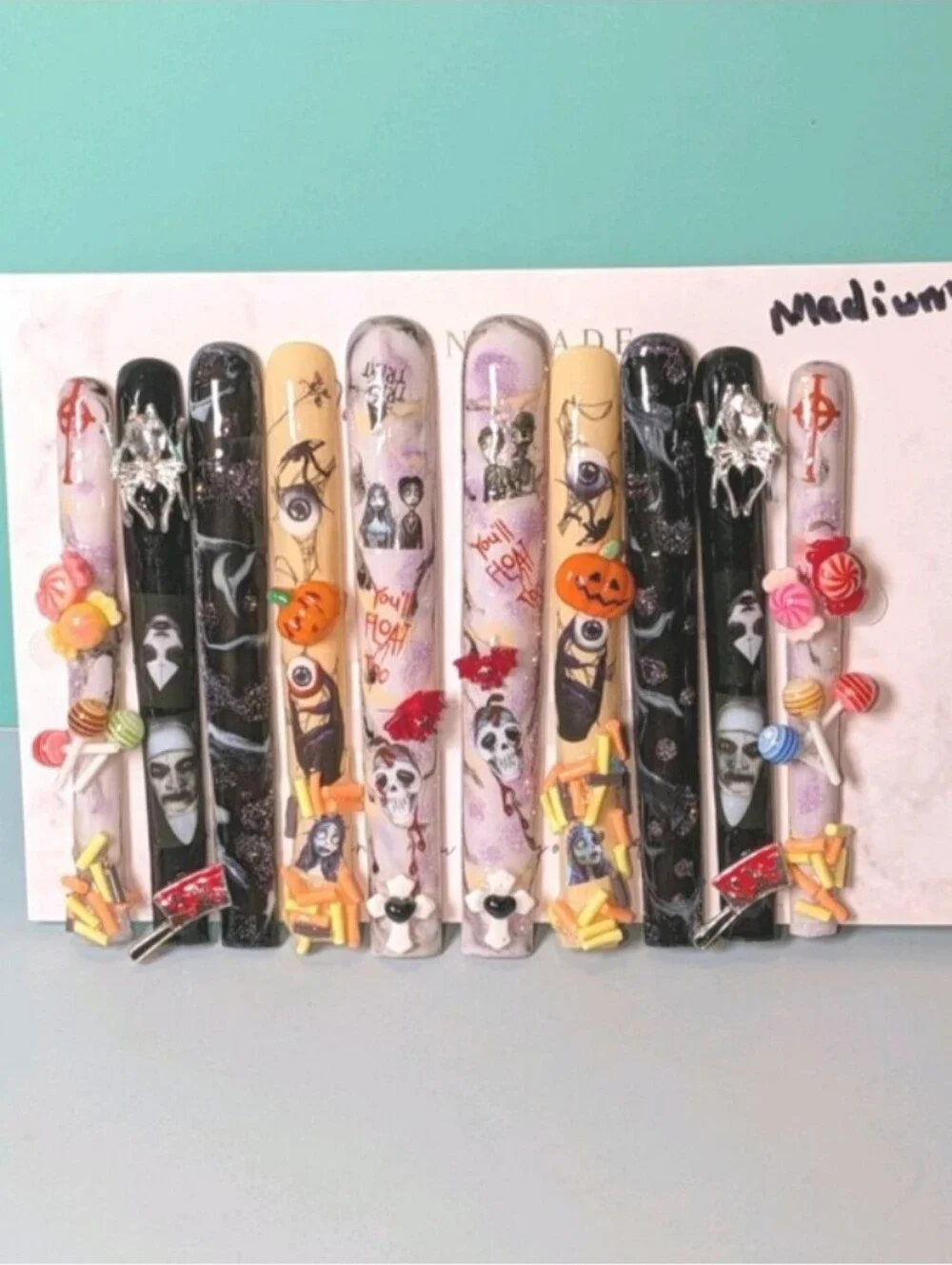 Hand Crafted Halloween 6XL Press-On Nails - Black, White, Yellow, Purple, Orange